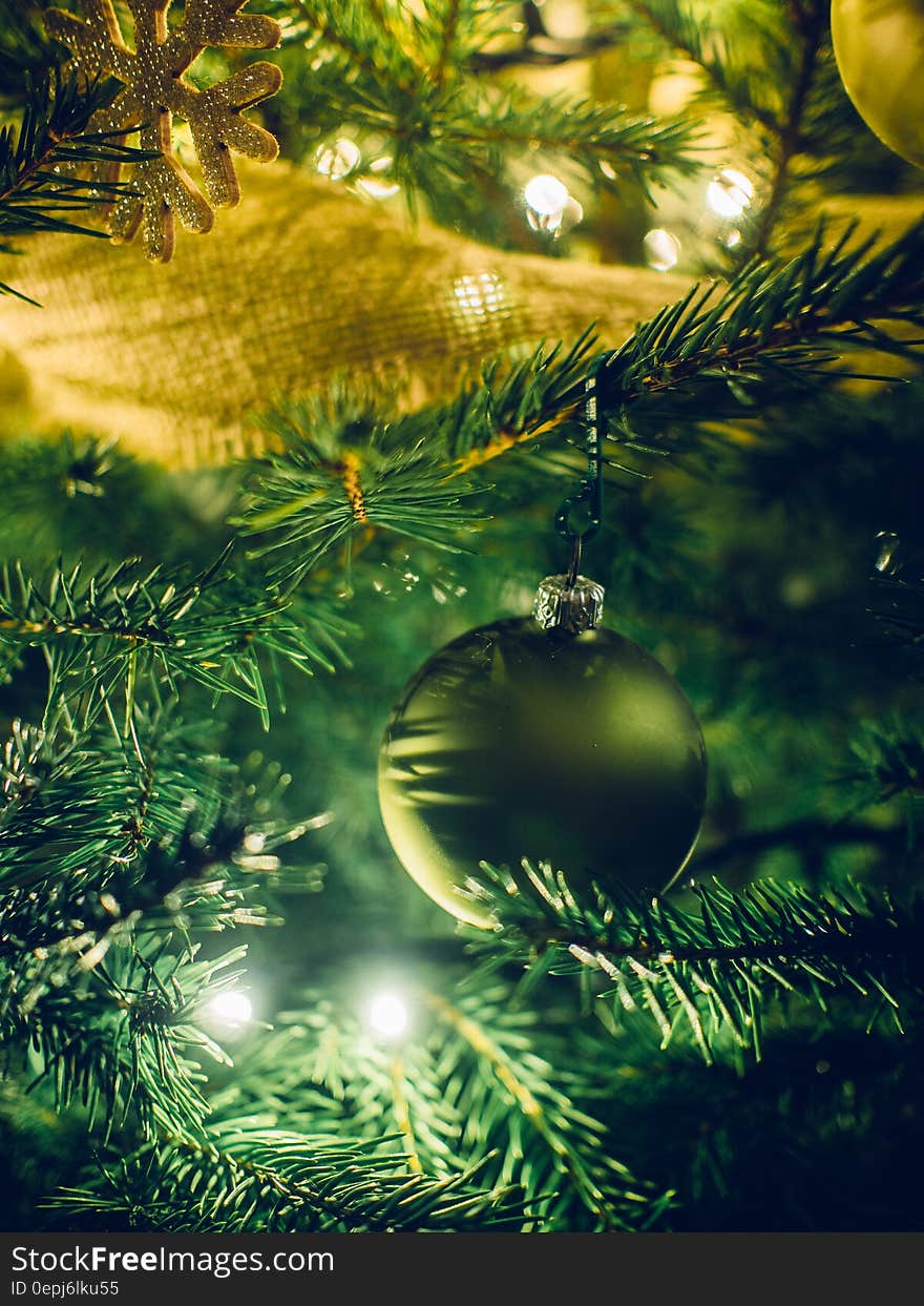 Close up of ornaments and lights on Christmas tree. Close up of ornaments and lights on Christmas tree.