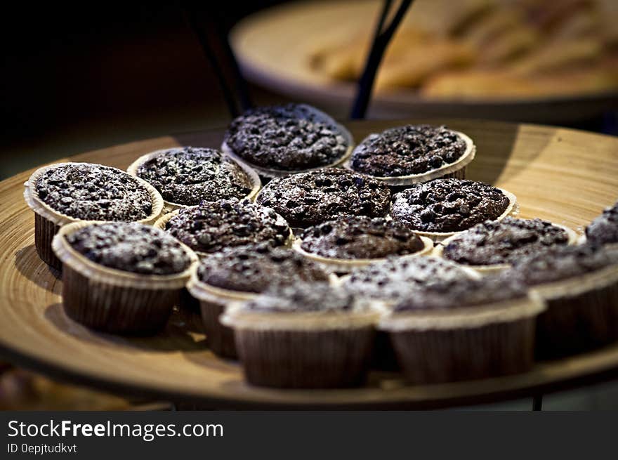 A tray with chocolate cupcakes.