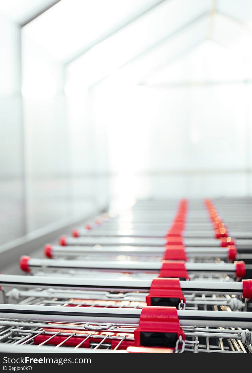 Row of red handles on silver shopping carts inside store. Row of red handles on silver shopping carts inside store.