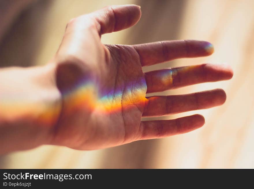 Blue and Orange Light Projeced on Left Hand of Person