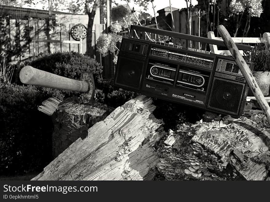 Grayscale Photography of Radio on Tree Trunk With Axe