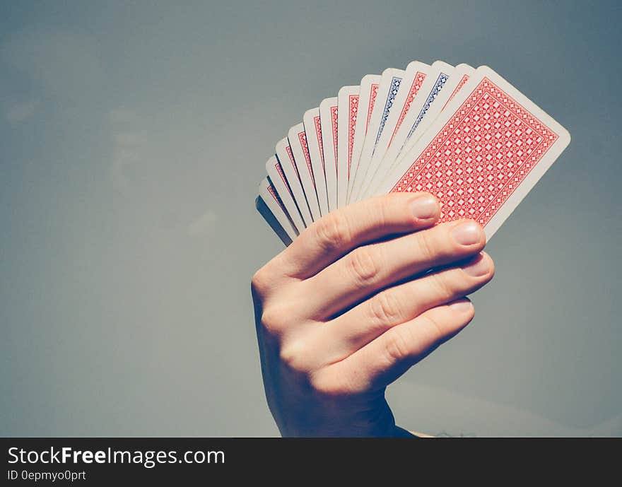 Close up of hand holding playing cards with copy space.