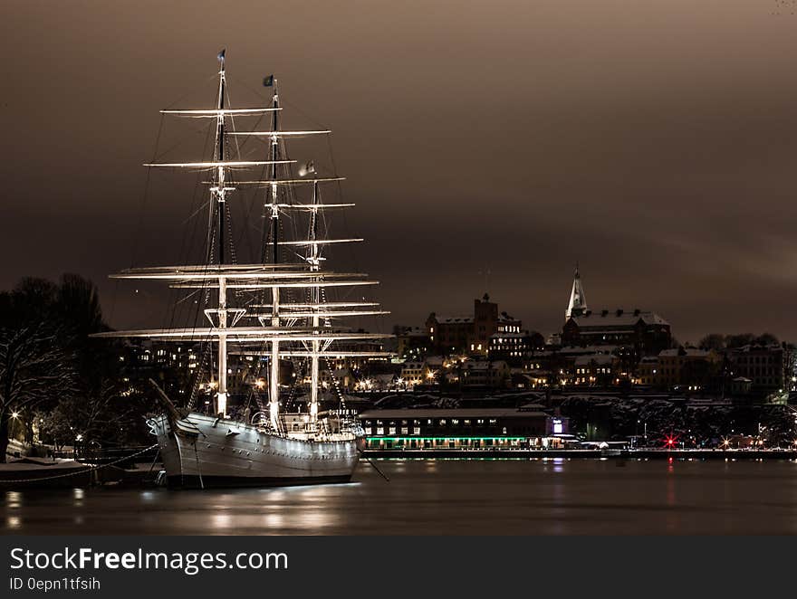 White Ship on Port at Night