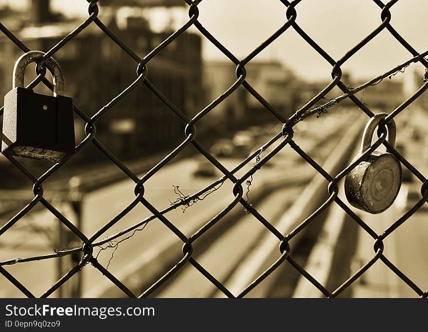 A close up of a fence with locks hanging from it.