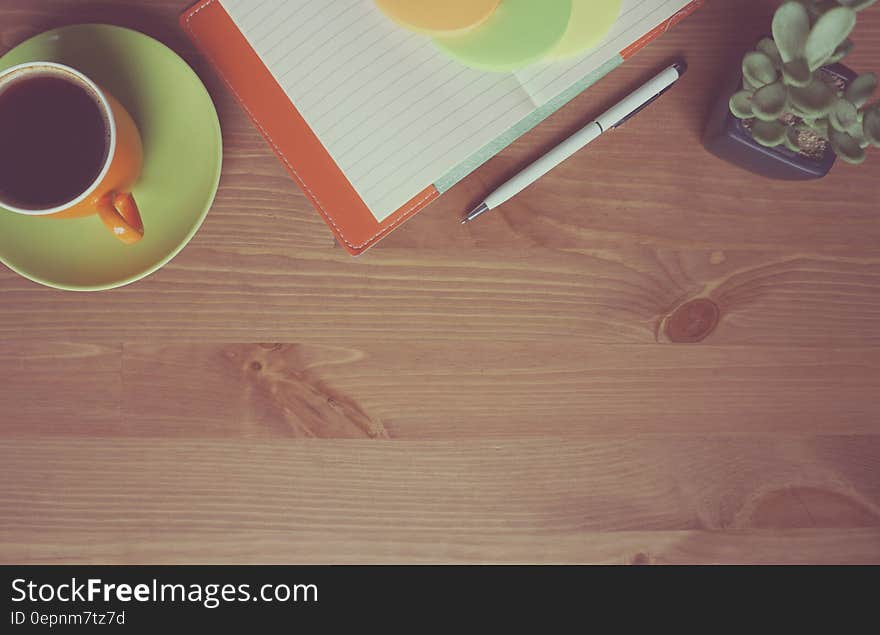 White and Gray Pen Beside Succulent Flower and White Line Paper Near Orange Ceramic Mug With Black Coffee