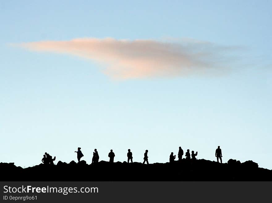 Silhouettes of people at a gathering (druids) on a dark hilltop soon after dawn, pale blue sky with thin cloud. Silhouettes of people at a gathering (druids) on a dark hilltop soon after dawn, pale blue sky with thin cloud.