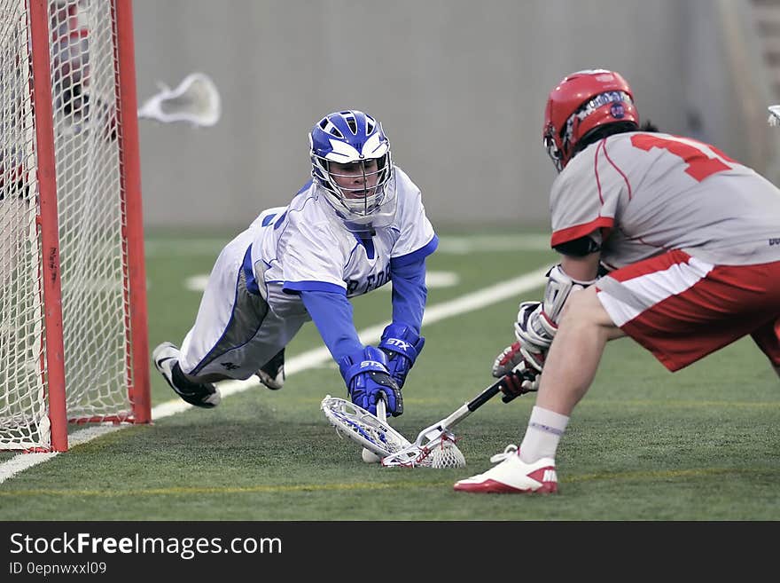 Person Wearing Blue Gloves Holding Lacrosse Stick