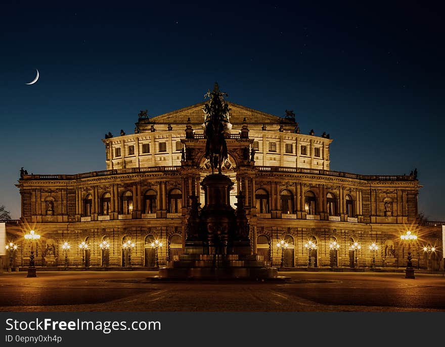 The Semperoper, the opera house of the Sächsische Staatsoper Dresden (Saxon State Opera) and the concert hall of the Staatskapelle Dresden (Saxon State Orchestra). at night in the historic centre of Dresden, Germany. The Semperoper, the opera house of the Sächsische Staatsoper Dresden (Saxon State Opera) and the concert hall of the Staatskapelle Dresden (Saxon State Orchestra). at night in the historic centre of Dresden, Germany.