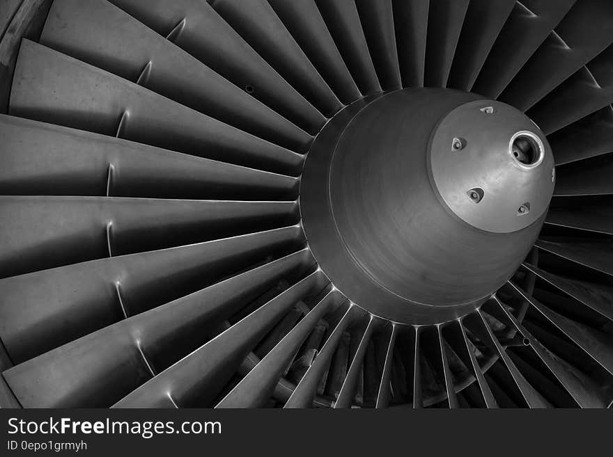 Close up abstraction of aircraft engine in black and white.