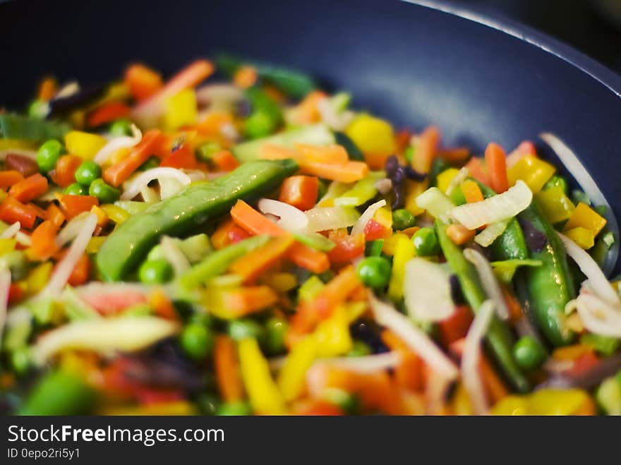 Close up of mixed diced vegetables in pan. Close up of mixed diced vegetables in pan.