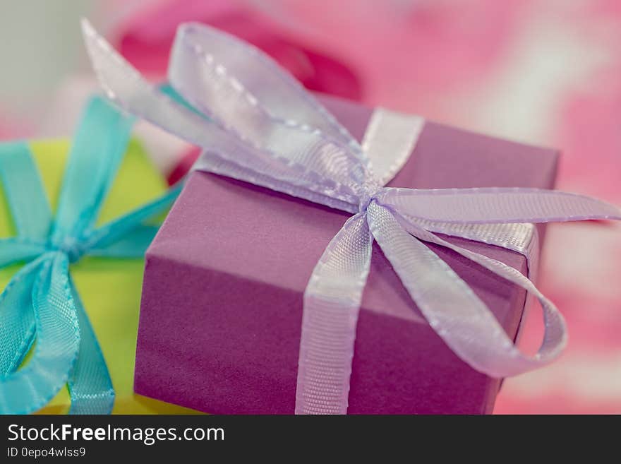 Close up of colorful wrapped gift boxes.