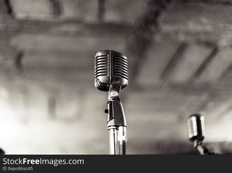 Vintage microphones on stand in black and white.