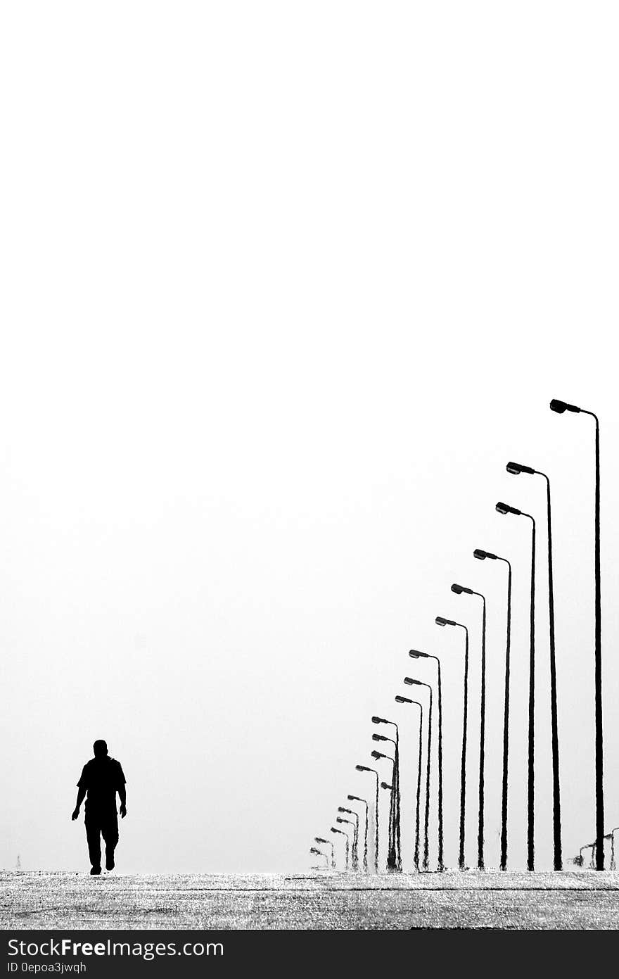 Man Walking Near Aligned Lamp Post