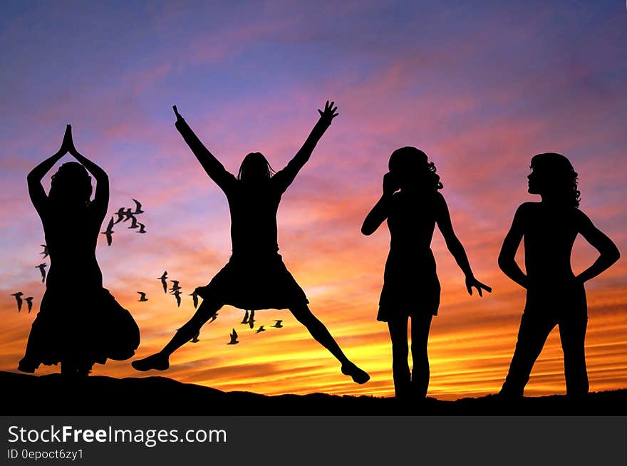 Silhouette of 4 Women With the Background of Birds Flying Under Yellow and Grey Sky