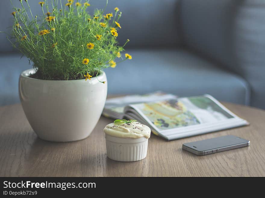 A coffee table in front of a sofa with a houseplant, mobile phone and a cupcake.