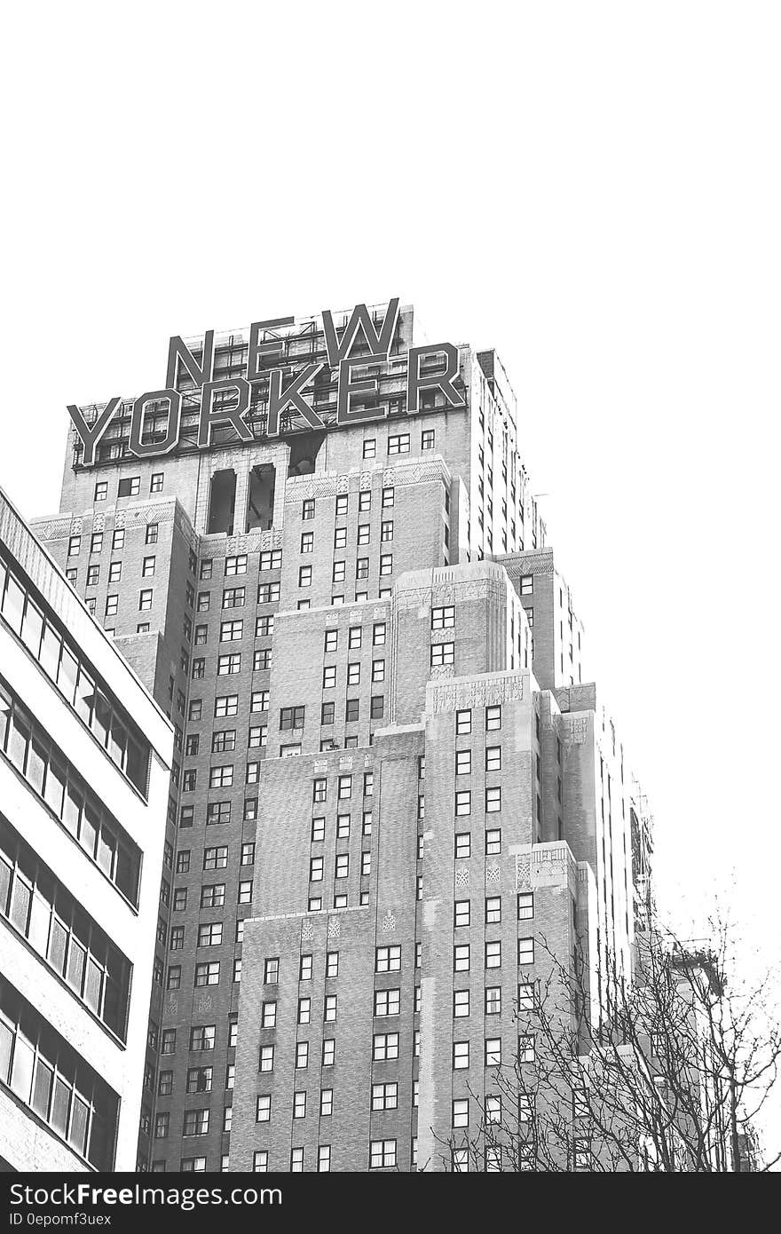 Black and white facade of New Yorker skyscraper in New York City, NY in daylight. Black and white facade of New Yorker skyscraper in New York City, NY in daylight.