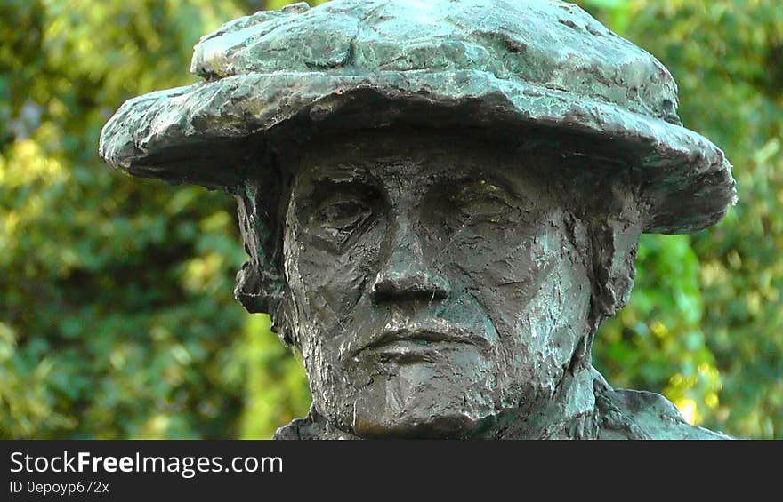 Rock Statue of Man Beside Green Leaves