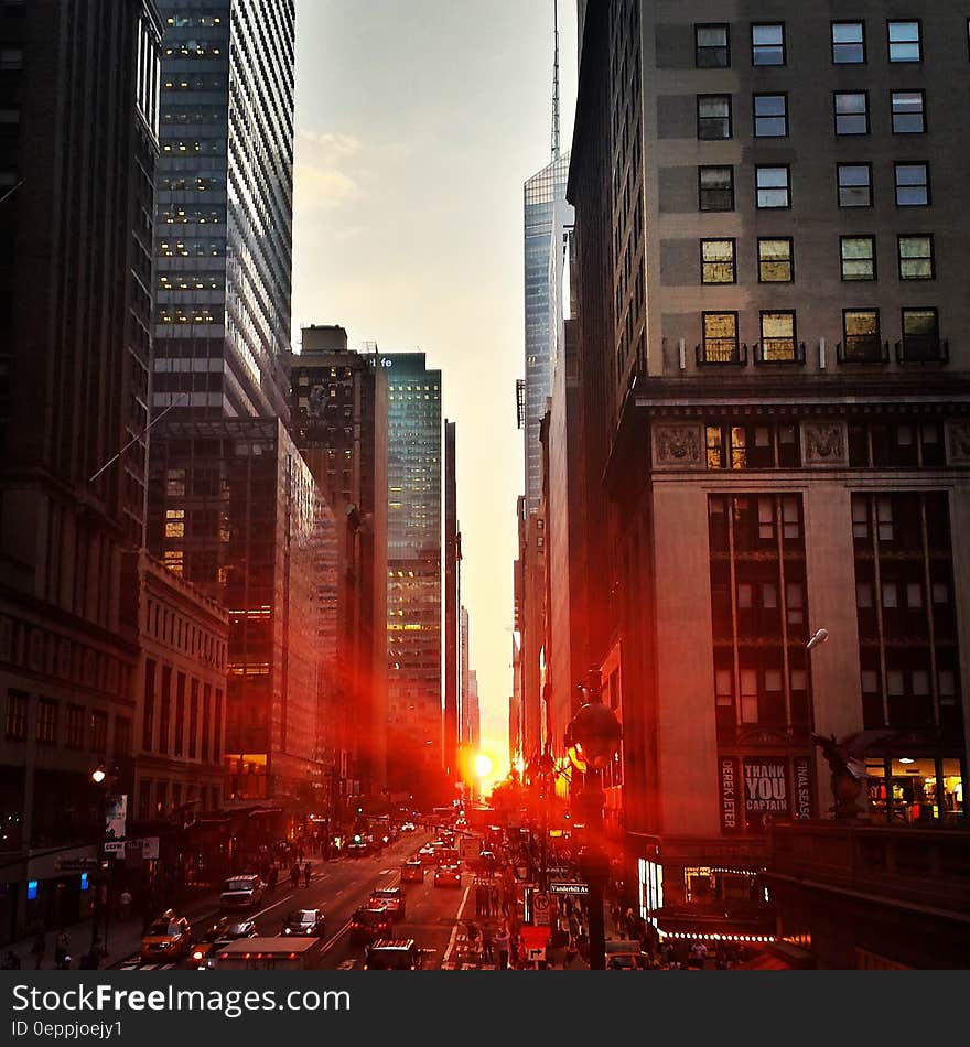 The crossing of East 42st Street and Vanderbildt Ave in New York City at sunset. The crossing of East 42st Street and Vanderbildt Ave in New York City at sunset.