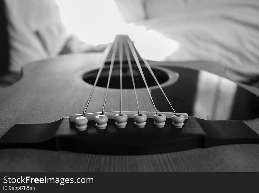 Wooden Acoustic Guitar Macro Photography in Grayscale Photo