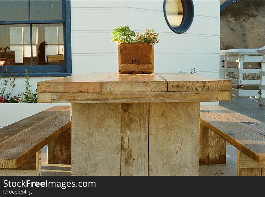 Decorative flower on wooden garden bench.