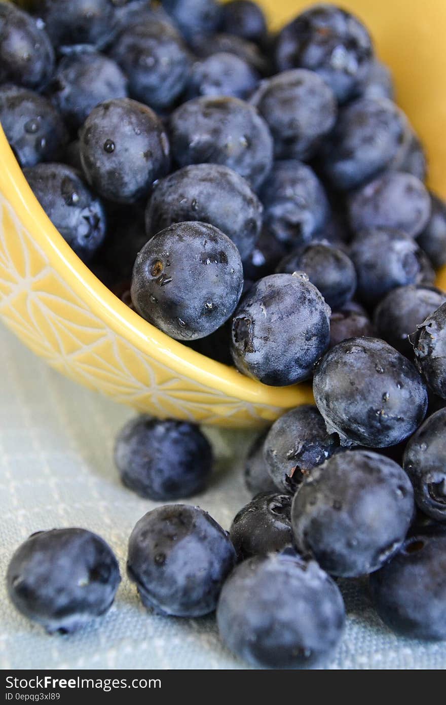 Close up of fresh blueberries in yellow china bowl. Close up of fresh blueberries in yellow china bowl.