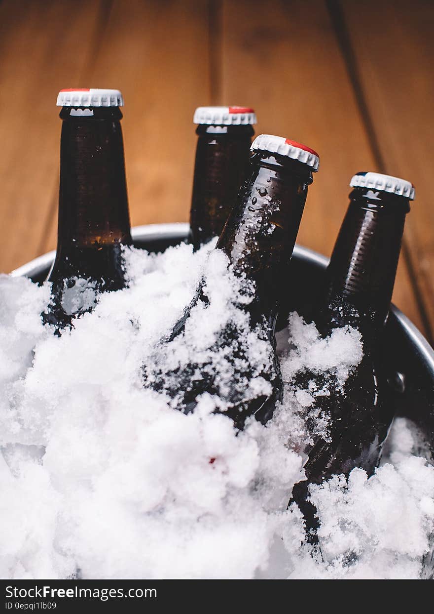 Close up of brown beverage bottles covered in chipped ice in metal tub. Close up of brown beverage bottles covered in chipped ice in metal tub.