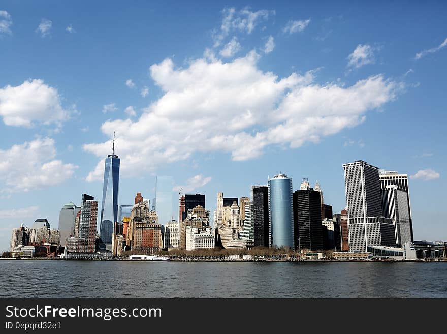 New York city skyline looking from sea to One World Trade Center, USA.