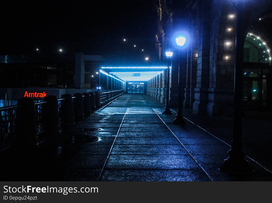 Black Outdoor Pedestal Lamp Near Coaster Train Rail