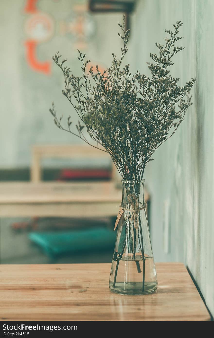 Cut herbs in glass vase on wooden tabletop. Cut herbs in glass vase on wooden tabletop.