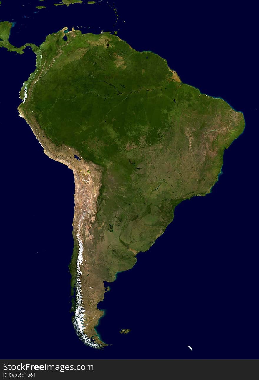 A map of South America and the ocean around.