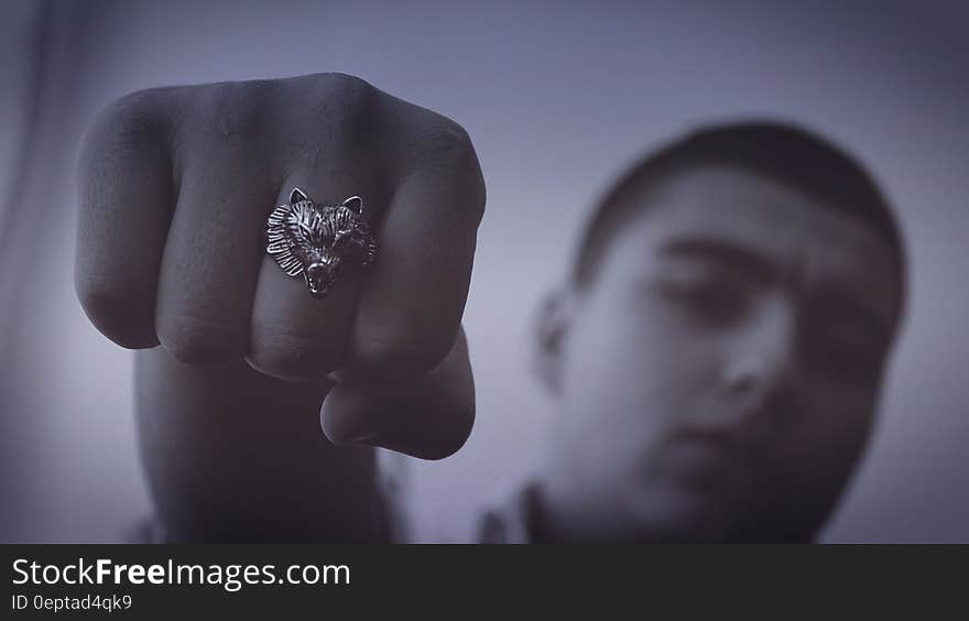 A close up of a man`s fist with lion head ring.