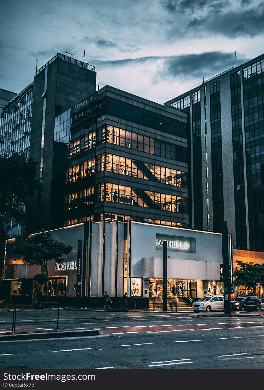 Black High Rise Building Under Grey and White Sky during Night Time