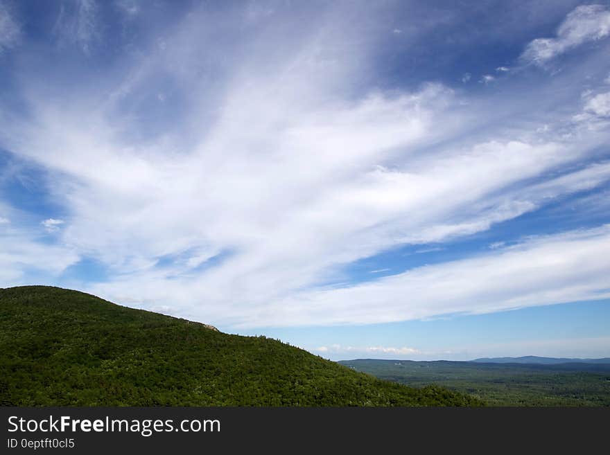 White clouds over green hills.