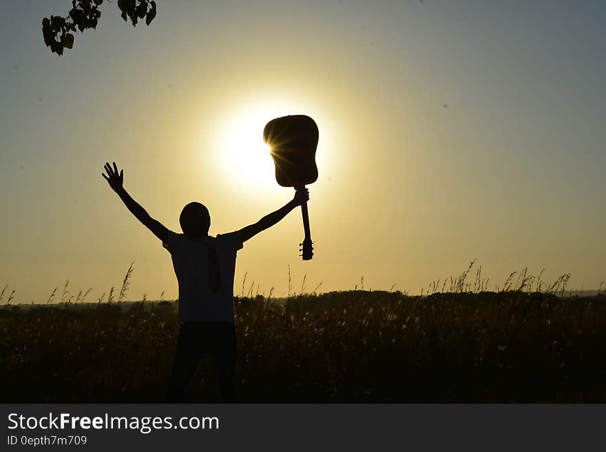 Silhouette of Man Holding Guitar on Plant Fields at Daytime