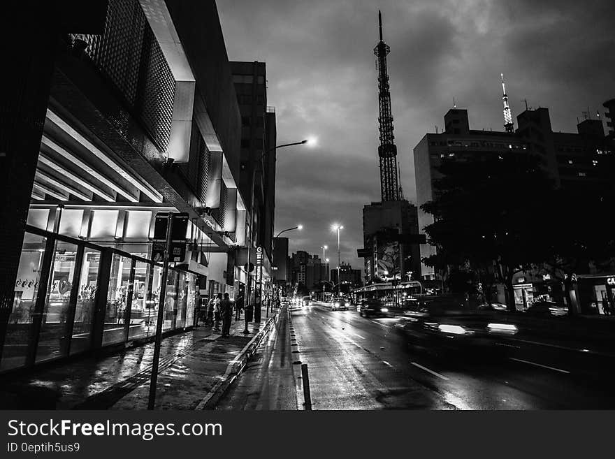 Car on Road Grayscale Photo