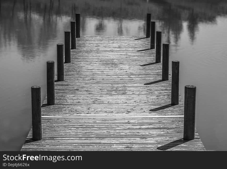 Wooden dock on river banks in black and white. Wooden dock on river banks in black and white.