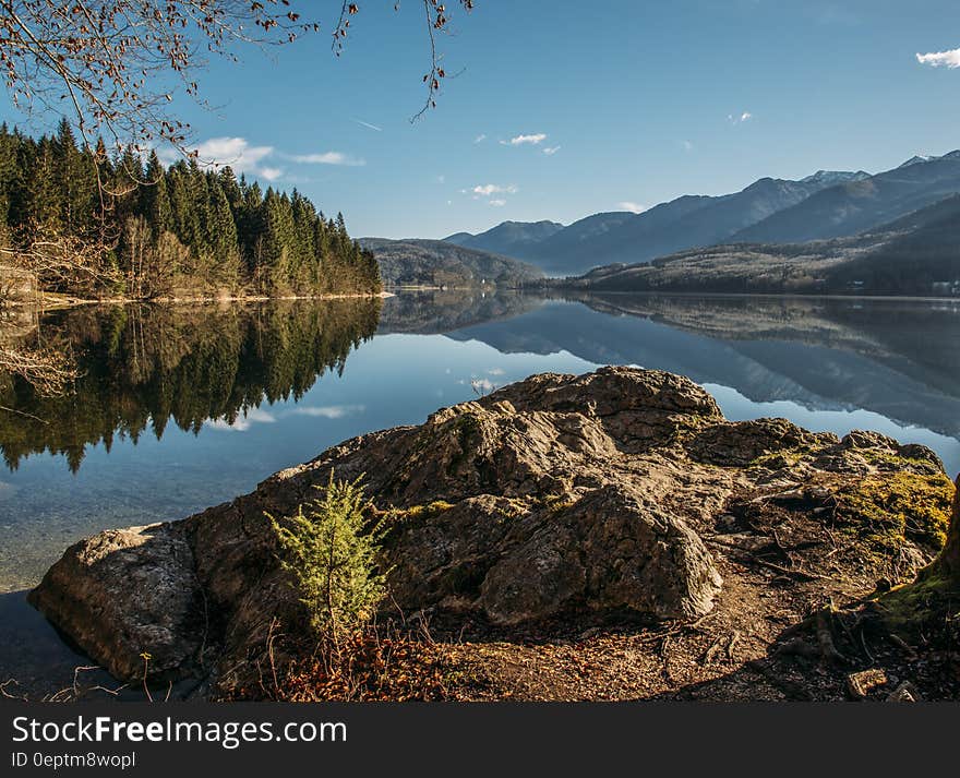 Trees and mountains reflecting in blue waters of alpine lake on sunny day.