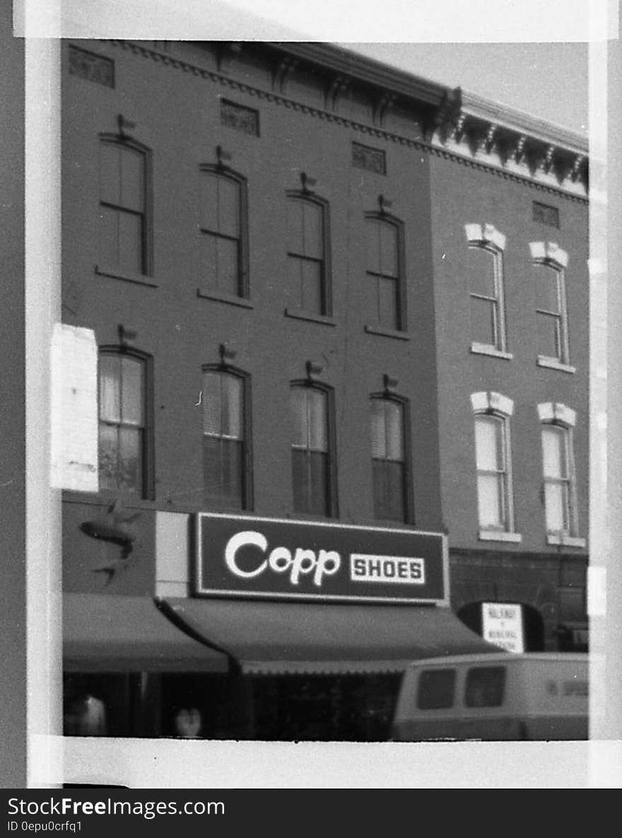 Copp shoes storefront in downtown Belleville circa 1970 in black and white. Copp shoes storefront in downtown Belleville circa 1970 in black and white.