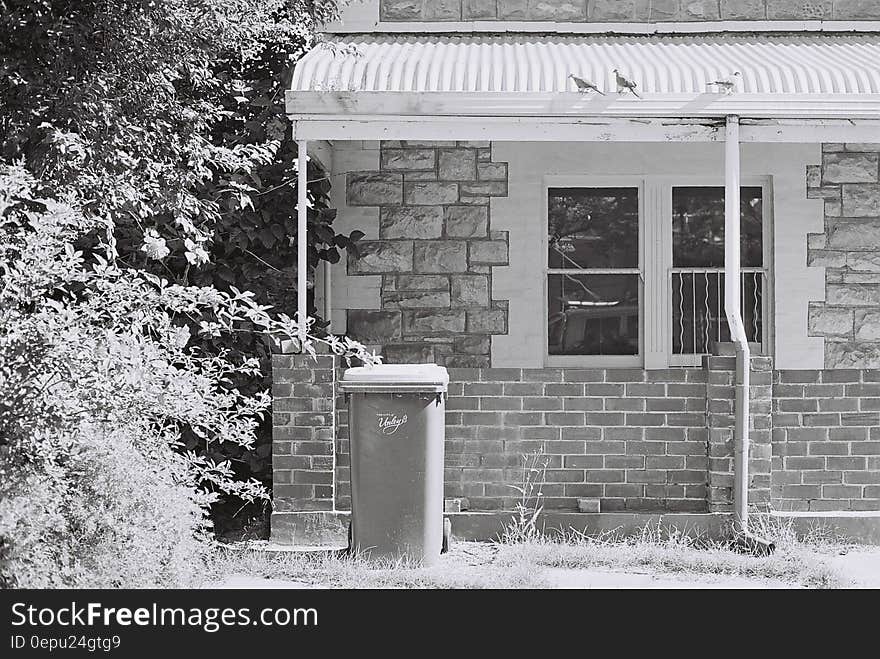 Exterior of brick and stone house with trees along backyard in black and white. Exterior of brick and stone house with trees along backyard in black and white.