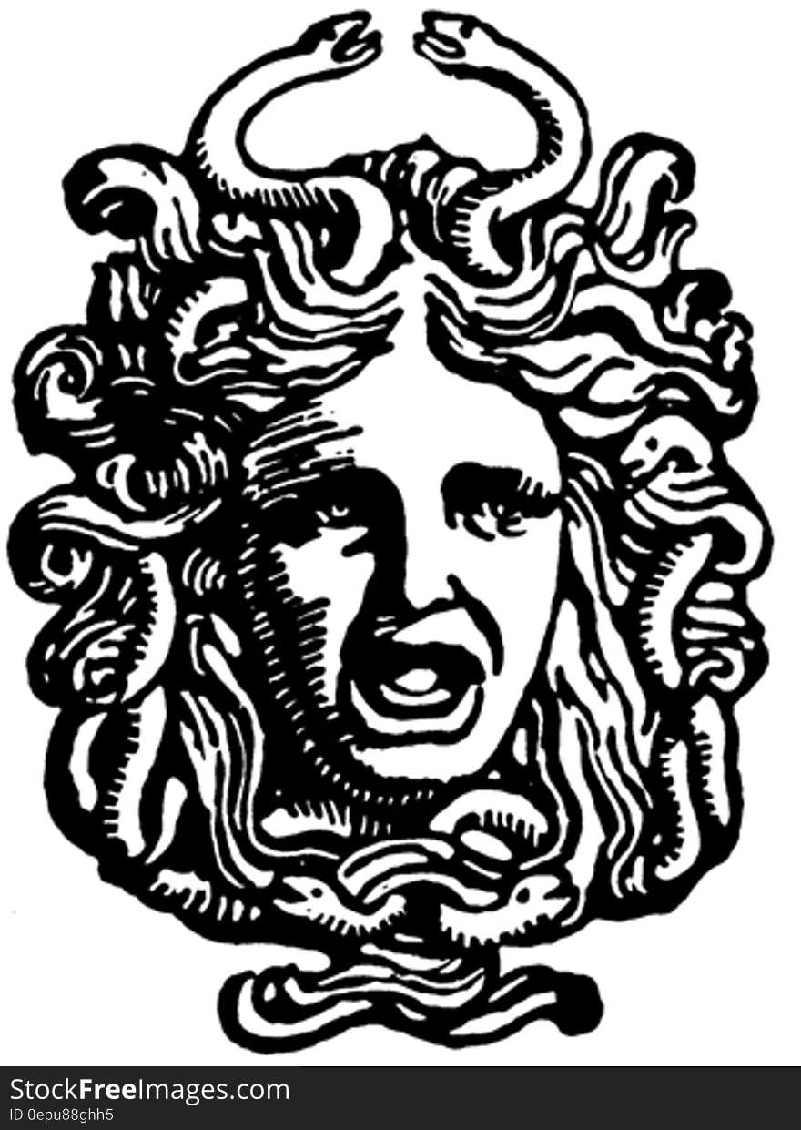 Black and white illustration of snakes on head of Medusa.