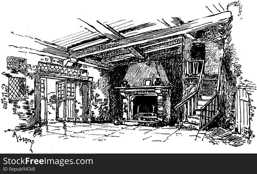 Black and white ink illustration of living room interior with fireplace. Black and white ink illustration of living room interior with fireplace.