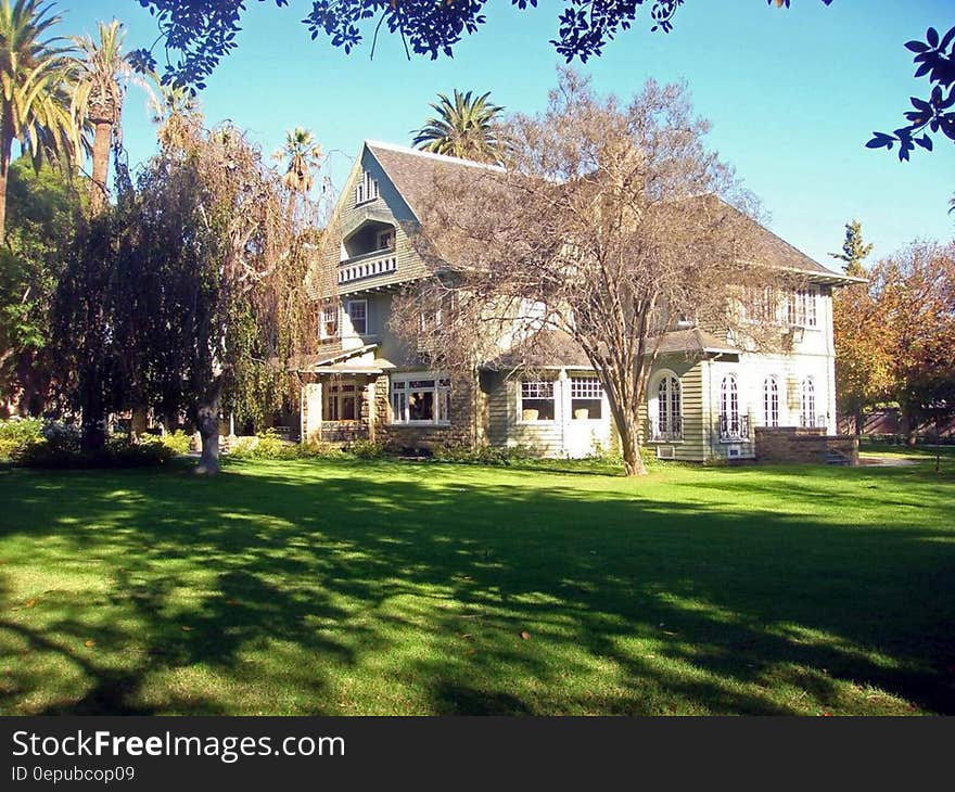 Exterior of wooden home on green lawn against blue skies with palm trees.