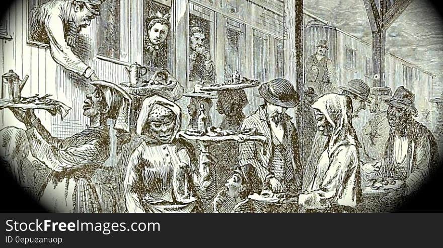 Black and white illustration of vendors selling food and drink to passengers on train. Black and white illustration of vendors selling food and drink to passengers on train.