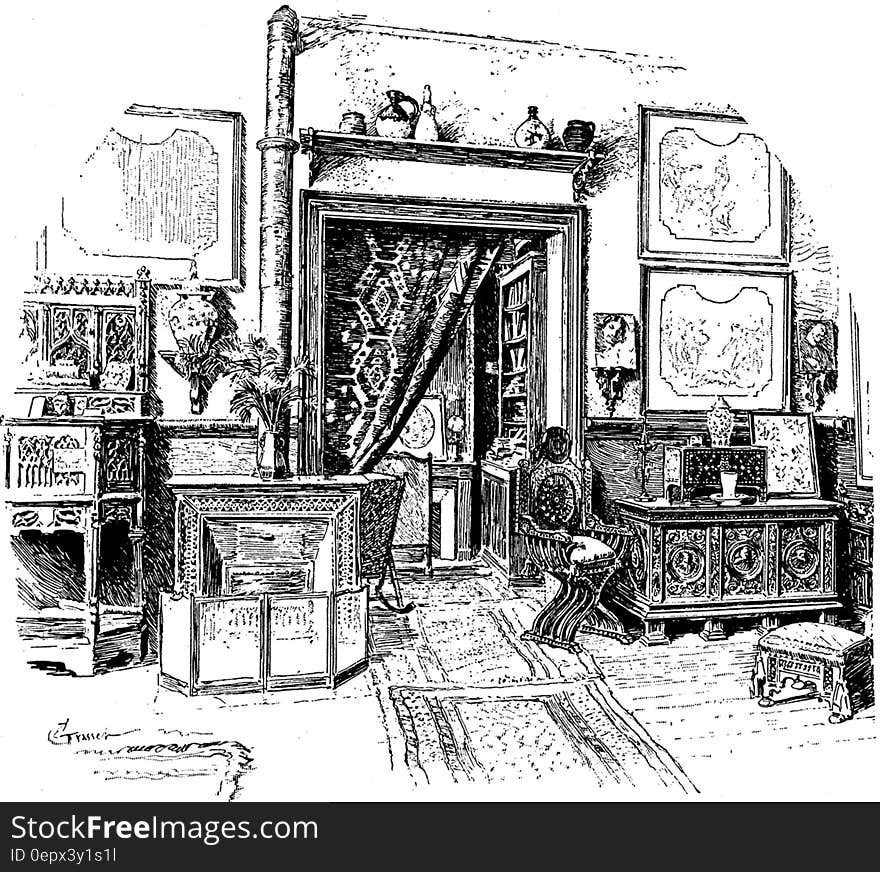 Black and white ink illustration of living room interior. Black and white ink illustration of living room interior.