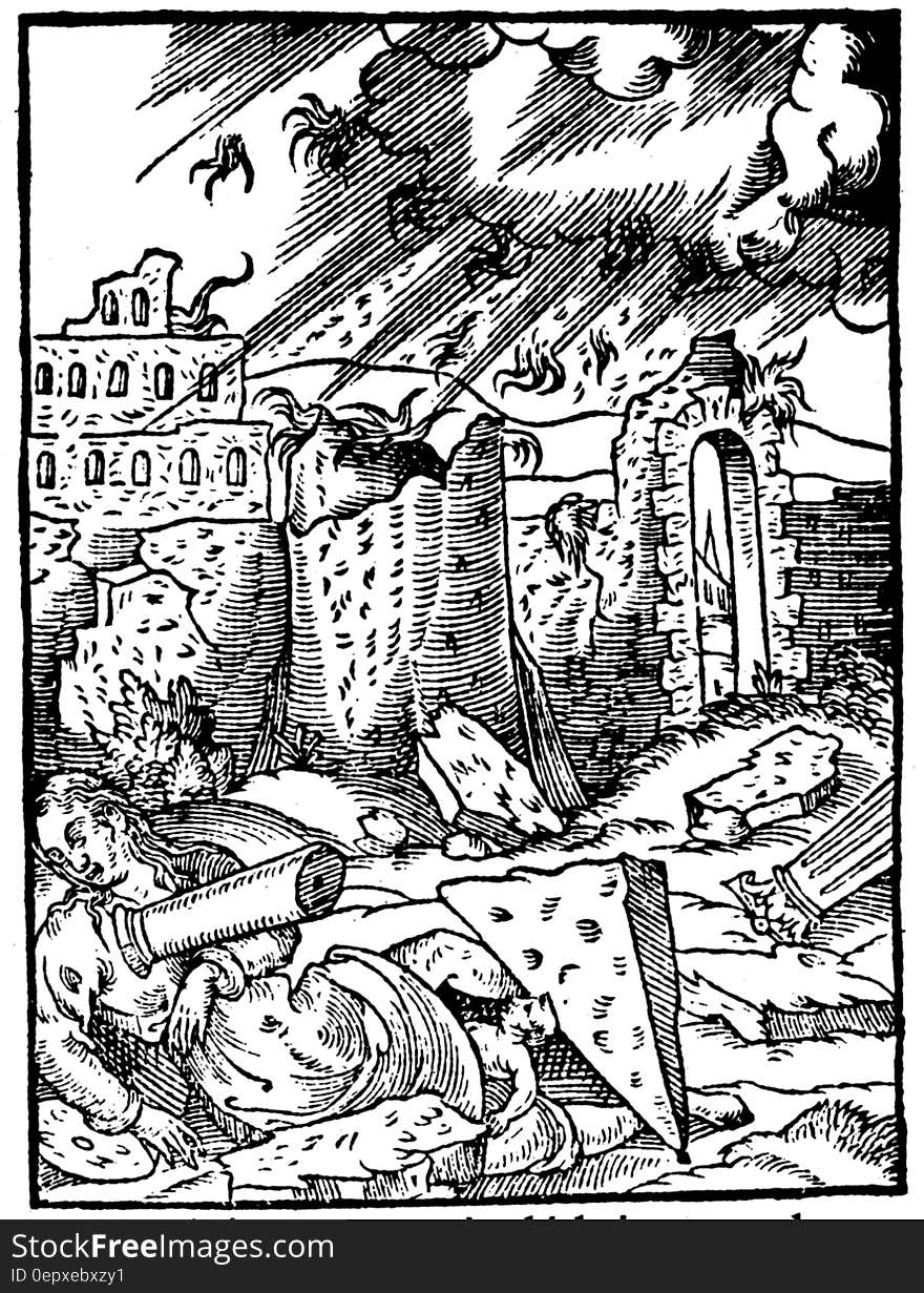 Black and white ink illustration of destruction in ancient city. Black and white ink illustration of destruction in ancient city.