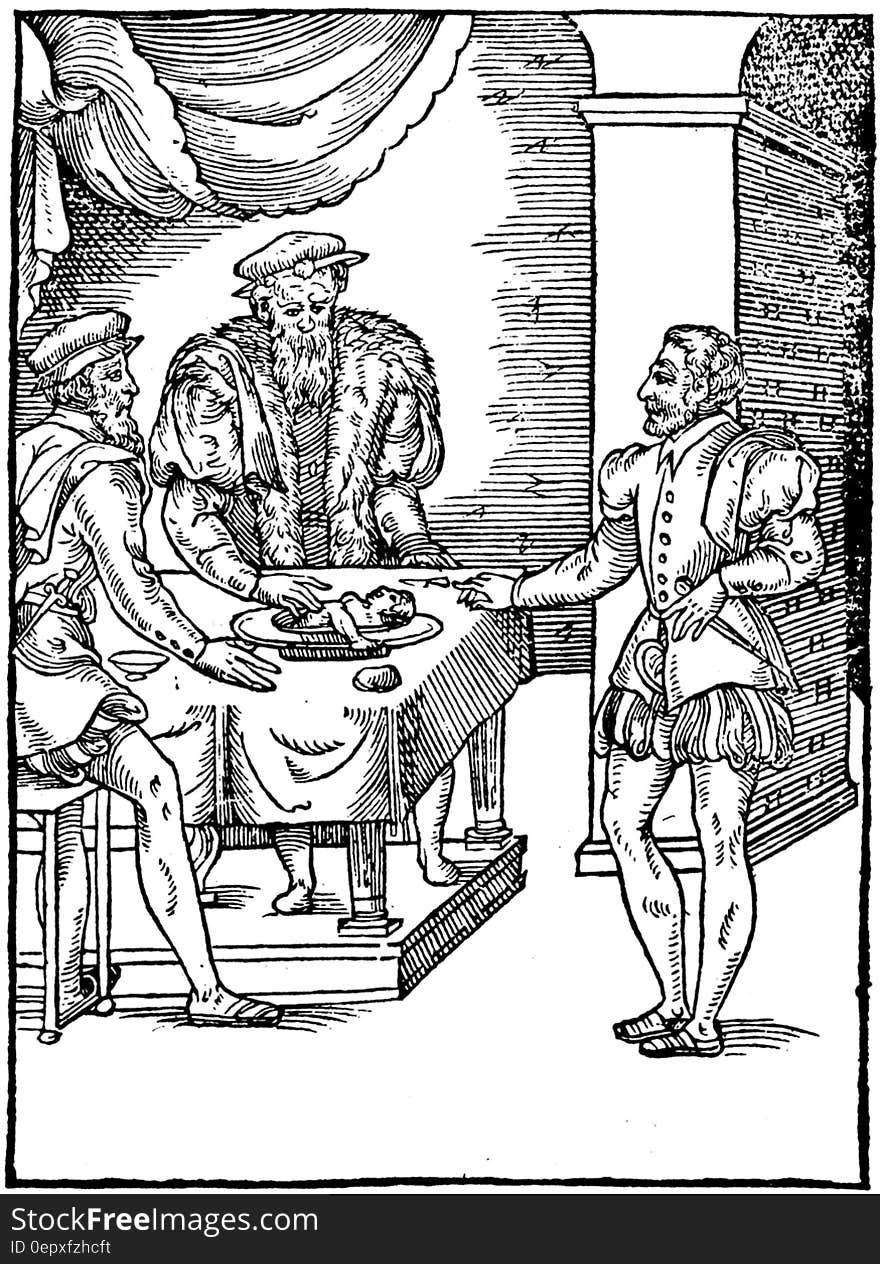 Men in medieval costumes inside hall in black and white ink illustration. Men in medieval costumes inside hall in black and white ink illustration.