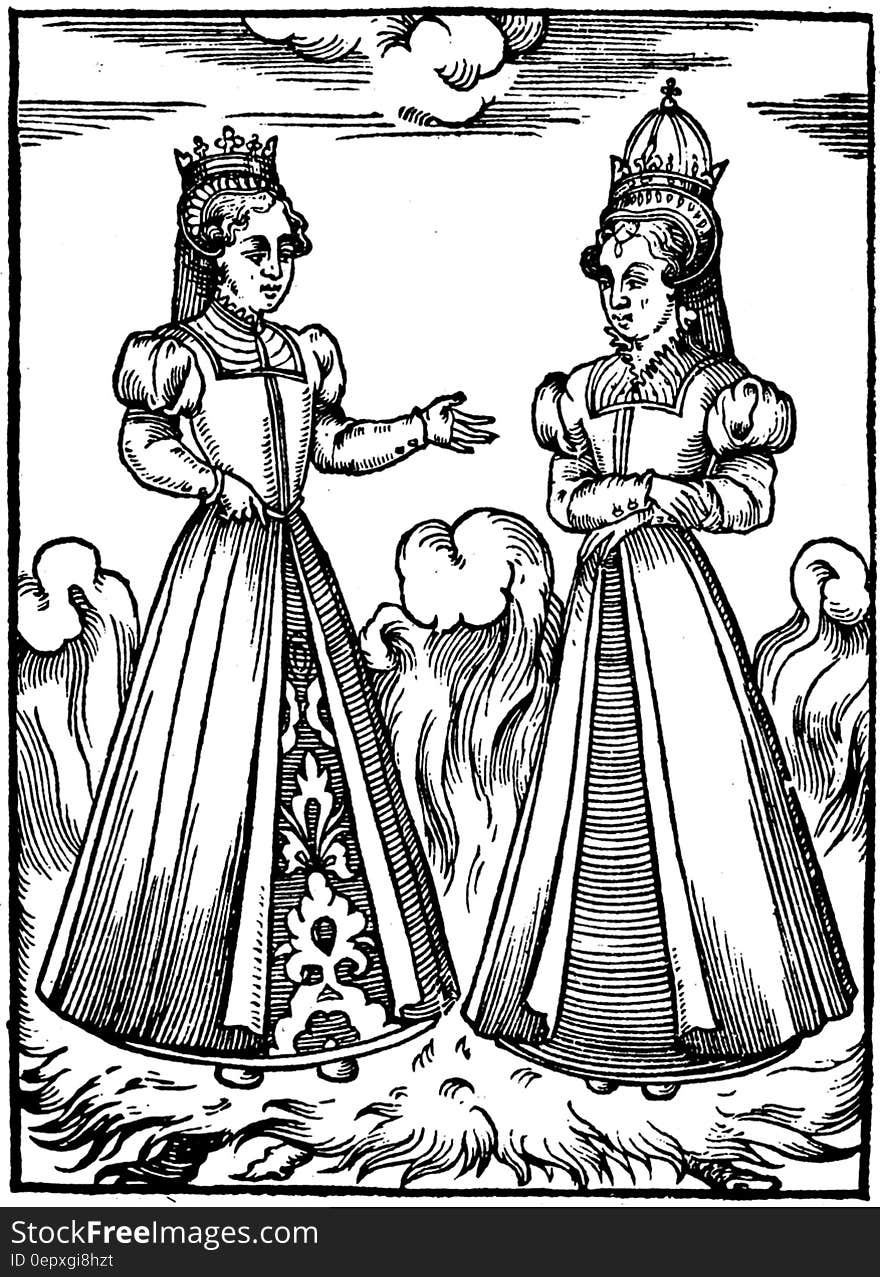 Black and white ink illustration of two medieval royalty in gowns and crowns.