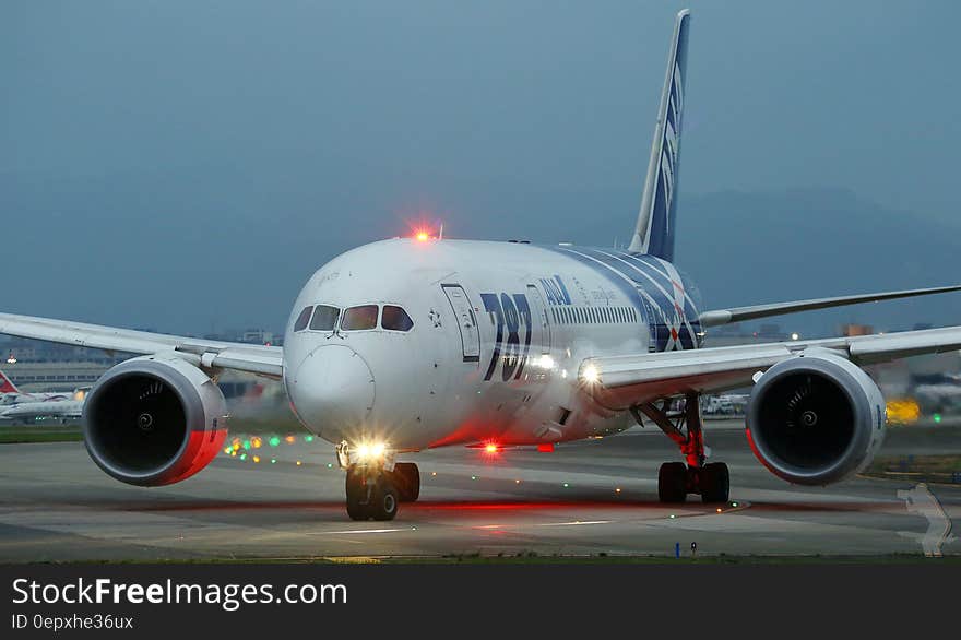 Boeing 787 Dreamliner on runway at twilight.