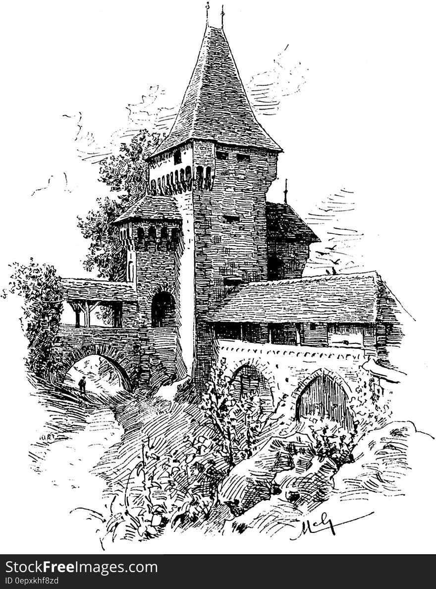 Black and white illustration of castle walls and turret with bridge crossing moat. Black and white illustration of castle walls and turret with bridge crossing moat.