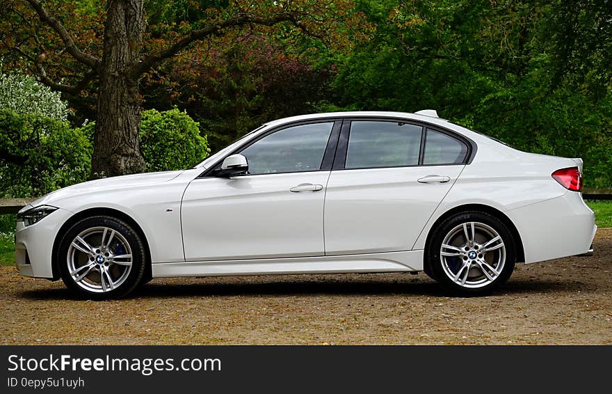 Side of luxury white BMW auto on country road. Side of luxury white BMW auto on country road.